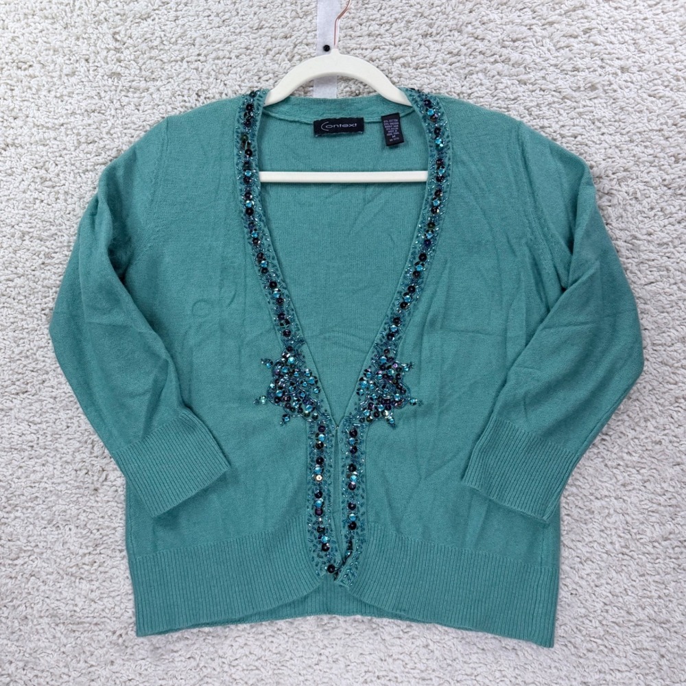 Women M Context Cardigan Cotton Angora Teal Beaded Sequin Dressy Holiday Sweater